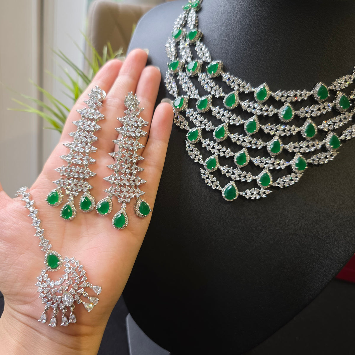 Hollie - Bespoke Emerald Statement Necklace Set with Earrings & Tika