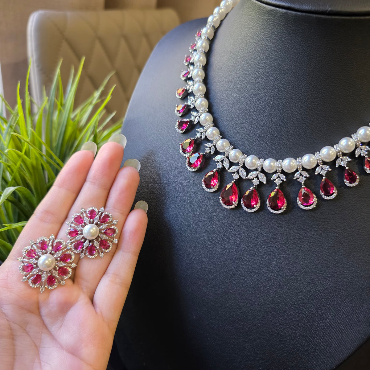 Aria - Timeless Pearls & Sapphires Blue Necklace Set With Earrings