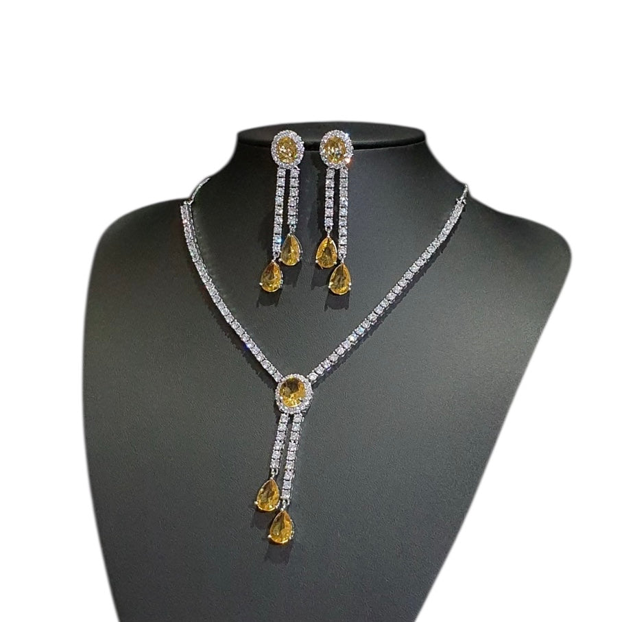 Yellow Citrine Necklace & Earring Set with Cubic Zirconia – White Gold Plated