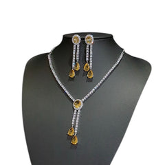 Yellow Citrine Necklace & Earring Set with Cubic Zirconia – White Gold Plated