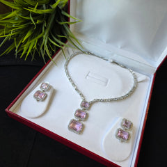 Baby Pink Quartz Necklace Set with Cubic Zirconia - White Gold Plated