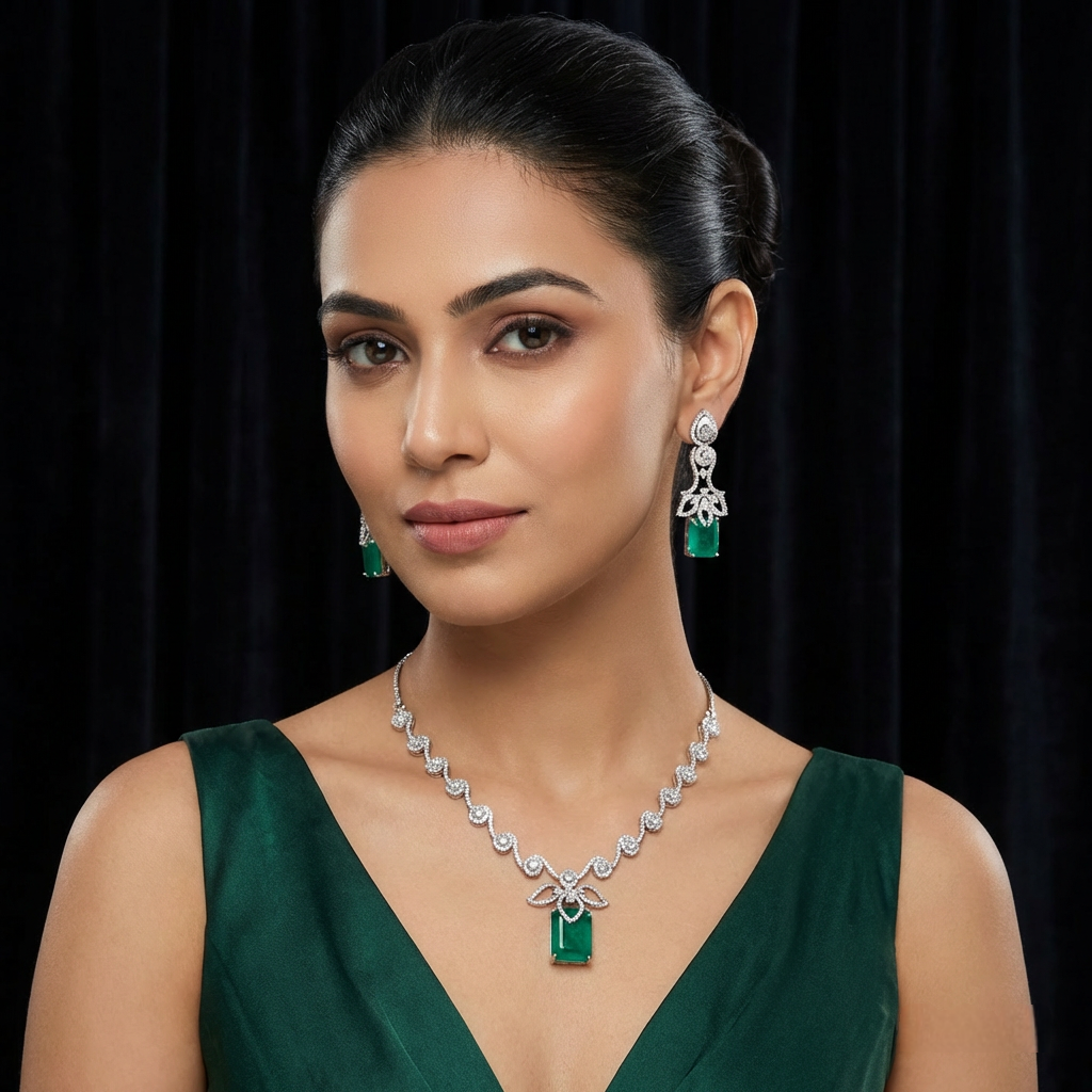 Emerald Green Necklace Set – White Gold Plated with Cubic Zirconia