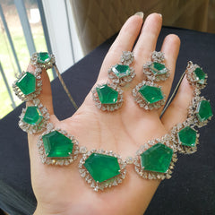 Lab Grown Columbian Emeralds Necklace Set With Cubic Zirconia - White Gold Plated