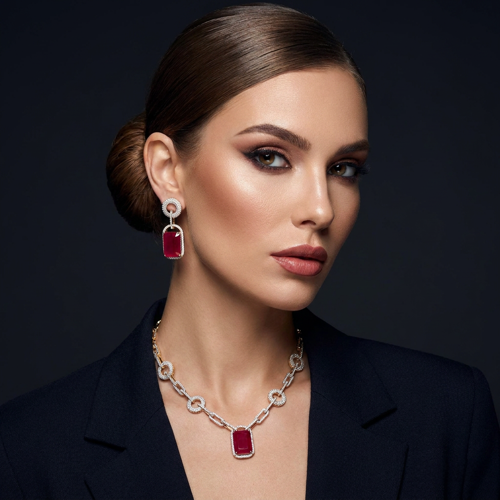 Fiona - Bespoke Ruby Gold Necklace Set with Earrings