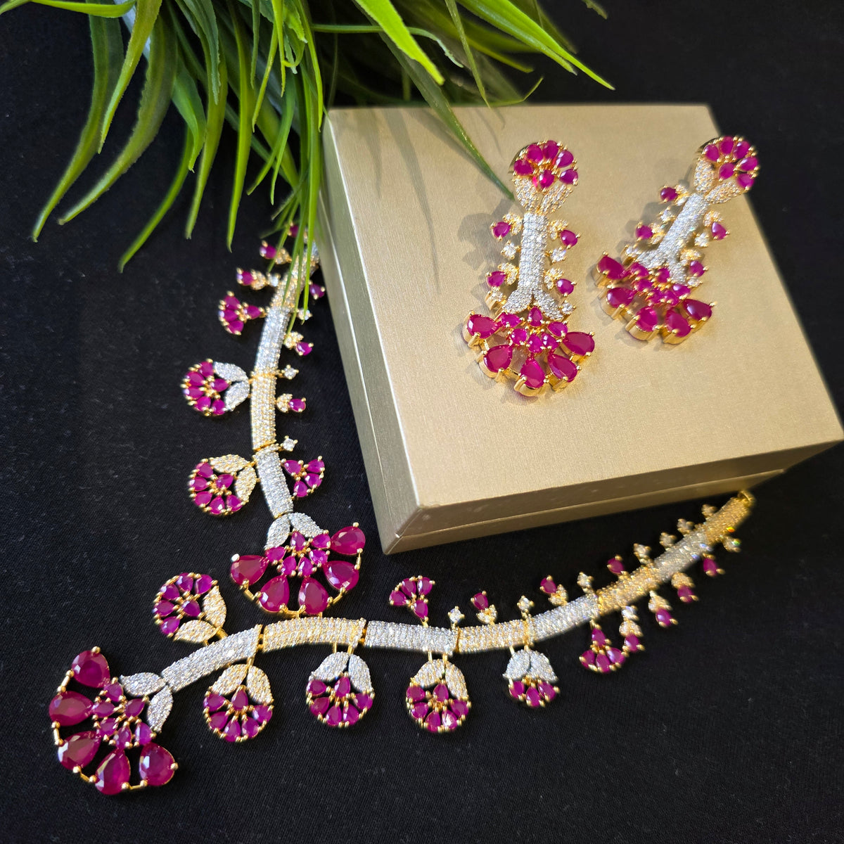 Amaish - Bespoke Cubic Zirconia Statement Necklace Set With Earrings