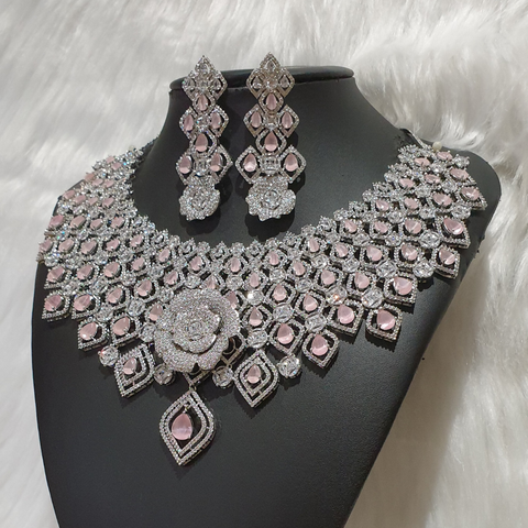 Pink Quartz Statement Necklace Set with Tikka